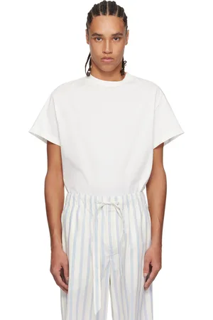 Tekla Pantalon de pyjama blanc cassé et bleu en popeline