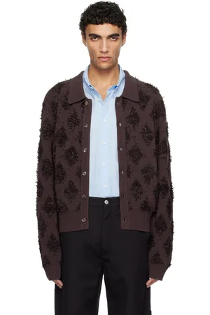Recto Cardigan brun en tricot à motif en jacquard à franges