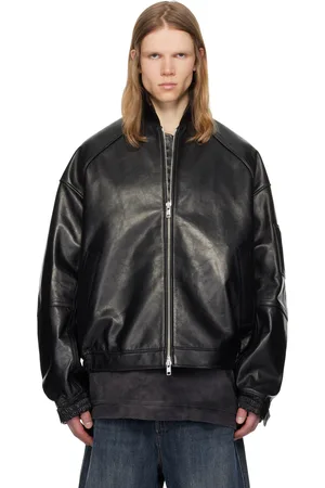 JUUN.J Blouson aviateur noir en cuir à col droit