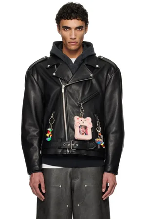 DOUBLET Blouson motard noir en cuir à ornements de style ita
