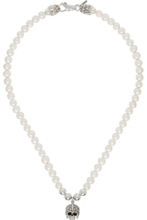 EMANUELE BICOCCHI Collier argenté à moyen pendentif de crâne à arabesque et à perles