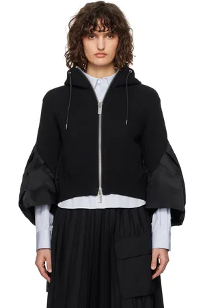 SACAI Pull à capuche noir en jersey et en satin de nylon