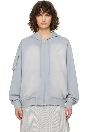 OPEN YY Pull à capuche droit bleu à effet délavé et à poches