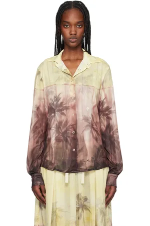 Palm Angels Chemise jaune et brun à motif de coucher de soleil et palmiers