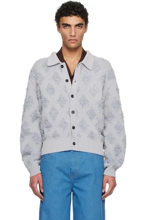 Recto Cardigan gris en tricot à motif en jacquard à franges