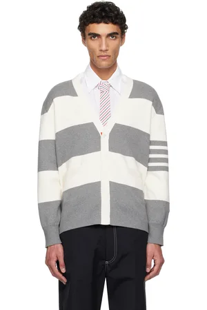 Thom Browne Cardigan de rugby gris et blanc cassé en point de milan à col en V et à rayures