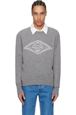 Marine Serre Pull gris en tricot de laine vierge à col ras du cou