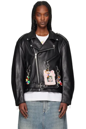 DOUBLET Blouson motard noir en cuir à ornements de style ita