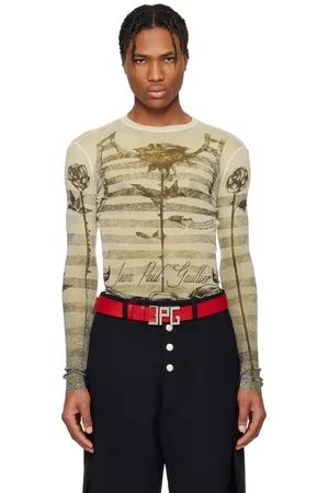 Jean Paul Gaultier T-shirt beige à rayures marinières et à images de style tatouage
