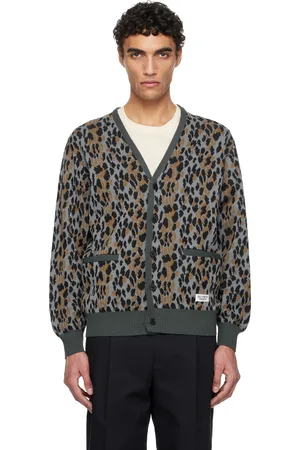 Wacko Maria Cardigan gris en tricot à motif léopard en jacquard