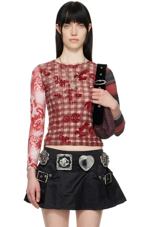 Chopova Lowena T-shirt à manches longues Trigger rouge en filet à motif floqué