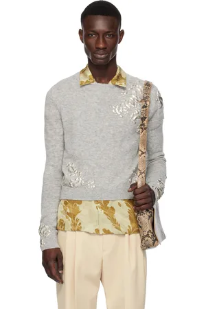 DRIES VAN NOTEN Pull gris à ferrures graphiques