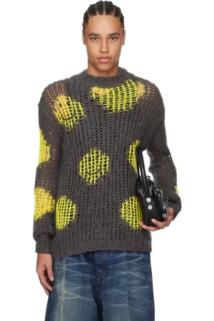 Acne Studios Pull gris et jaune en mohair à motif