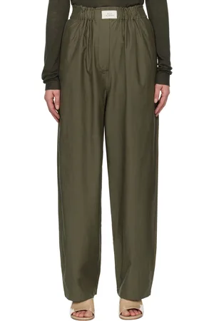 Silk Laundry Pantalon de détente vert en coton et soie à taille de style paperbag