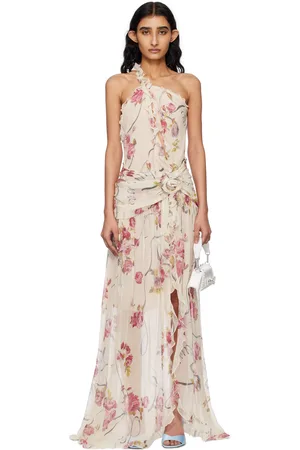 BLUMARINE Robe longue blanc cassé et rose en crépon à bretelle unique