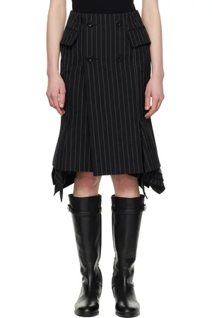 SACAI Jupe midi noire en tissu de costume de laine et soie