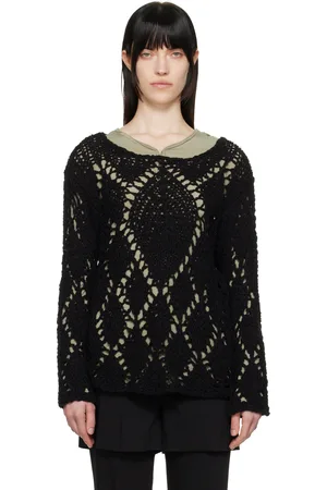 OPEN YY Pull noir en coton à motif argyle en pointelle