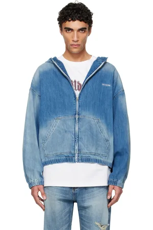 We11 Done Pull à capuche léger bleu en denim à glissière