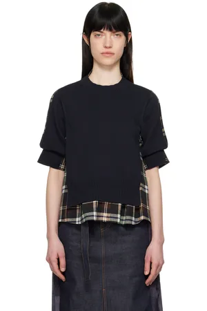 SACAI Pull bleu marine et vert en tricot à motif écossais imprimé
