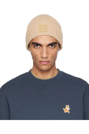 Maison Kitsuné Bonnet beige à écusson à logo de renard en cuir