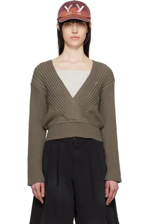 OPEN YY Pull gris en tricot côtelé à assemblage cache-cœur