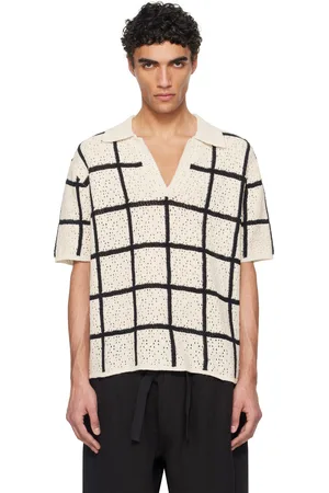 COMMAS Polo blanc cassé et noir en tricot à mailles ouvertes à carreaux et patte fendue