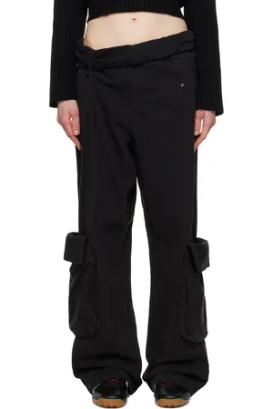 OPEN YY Pantalon cargo noir en canevas lavé à taille repliée