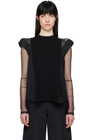 SACAI Pull noir en popeline et en tricot