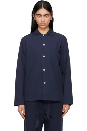 Tekla Chemise de pyjama à manches longues bleu marine en popeline