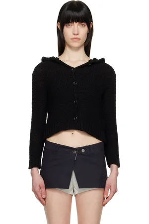 OPEN YY Cardigan noir en tricot de grosse laine à capuche