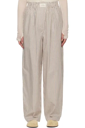 Silk Laundry Pantalon de détente beige en coton à taille de style paperbag