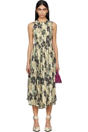 Ganni Robe midi beige et noir à motif fleuri imprimé, à plis, à bretelles et à smocks