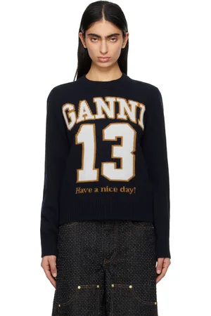 Ganni Pull de baseball bleu marine en laine mélangée à logo