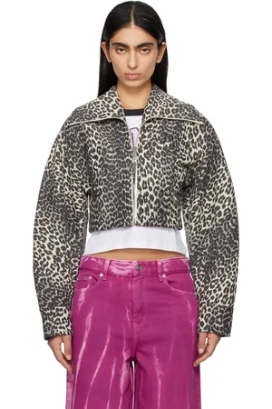 Ganni Blouson écourté beige et gris à motif léopard et à manches incurvées