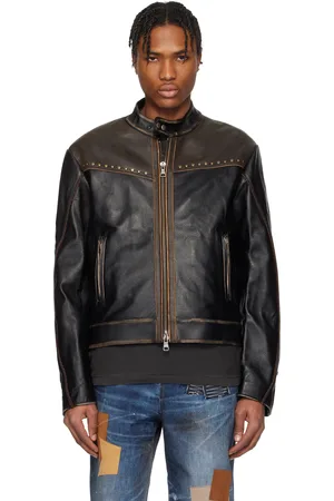 Andersson Bell Blouson motard rétro brun et noir en cuir exclusif à SSENSE