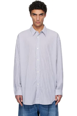 Hed Mayner Chemise bleu marine et blanc en popeline froissée