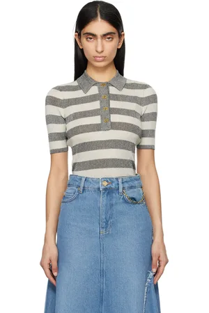 Ganni Polo gris en tricot côtelé à rayures et à fils métalliques