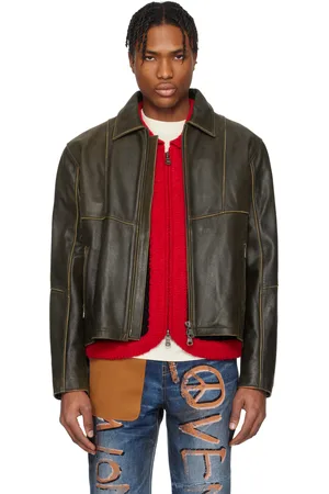Andersson Bell Blouson Dreszen brun en cuir à glissière exclusif à SSENSE