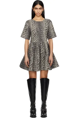 Ganni Robe courte beige et gris en tweed de coton à motif léopard