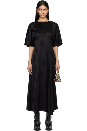 Ganni Robe longue noire en satin à motif fleuri en jacquard et à fente