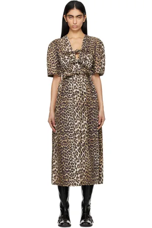 Ganni Robe midi beige et brun en coton à motif léopard imprimé et à attaches à nouer