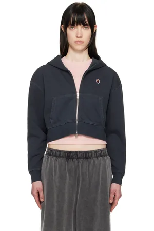 BAPE Pull écourté à capuche noir teint aux pigments à écusson à logo