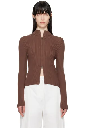AMOMENTO Cardigan brun en tricot côtelé à col cheminée