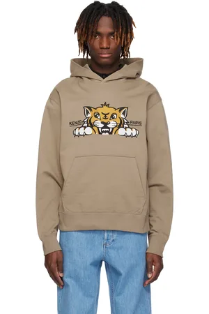 Kenzo Pull à capuche brun à image de tigre et à logo brodés