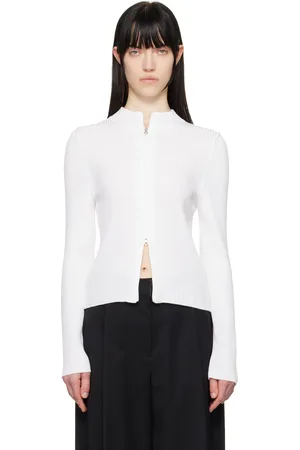 AMOMENTO Cardigan blanc en tricot côtelé à col cheminée