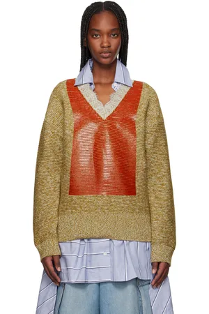 J.W.Anderson Pull brun clair et orange à col en V à garniture en dentelle