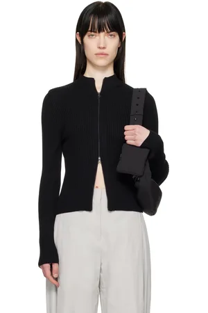 AMOMENTO Cardigan noir en tricot côtelé à col cheminée