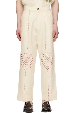 HARAGO Pantalon ample blanc cassé à images et rayures brodées