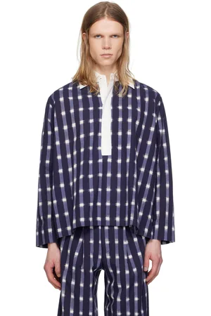 HARAGO Chemise bleu et blanc à teinture ikat et à patte boutonnée partielle