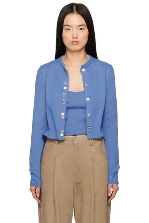 THE ELDER STATESMAN Cardigan Nora bleu en tricot léger à encolure arrondie
